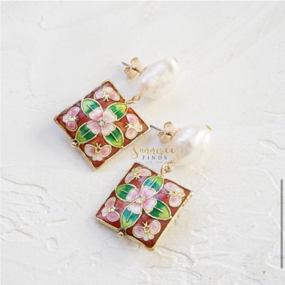 NWT Anthropologie Cloisonne Pearl Drop Earrings - Picture 4 of 7